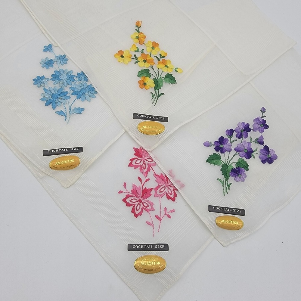 VINTAGE 4 Cloth COCKTAIL NAPKINS Hankies Colorful Floral Embroidery Switzerland